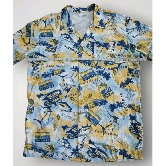 Columbia PFG Trollers Best Yellow Fish Print Hawaiian Fishing Shirt Sz XLT - Picture 5 of 7